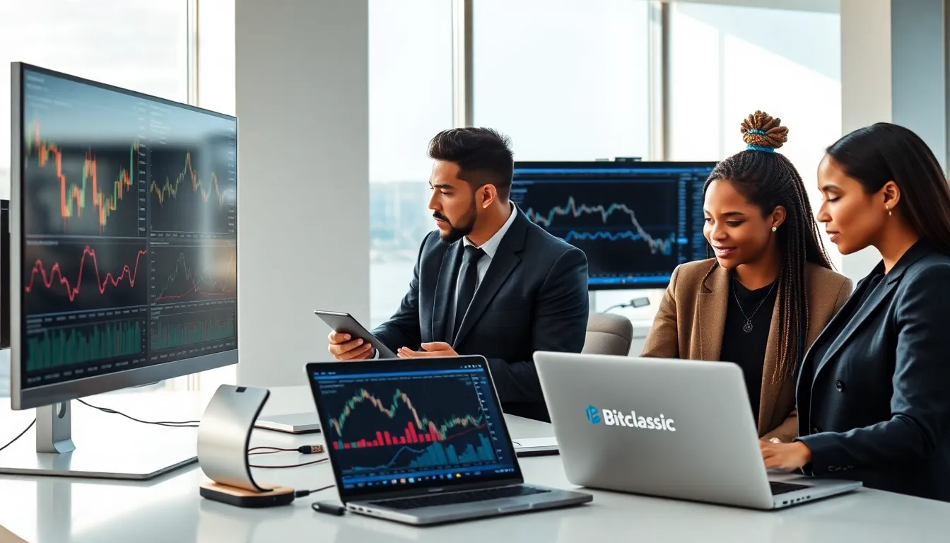 diverse team collaborating in a modern trading workspace.
