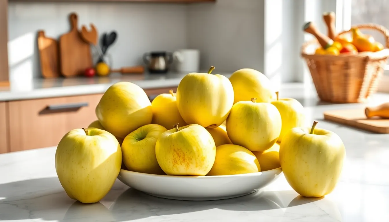fresh Bitclassic Applewhite apples in a modern kitchen.