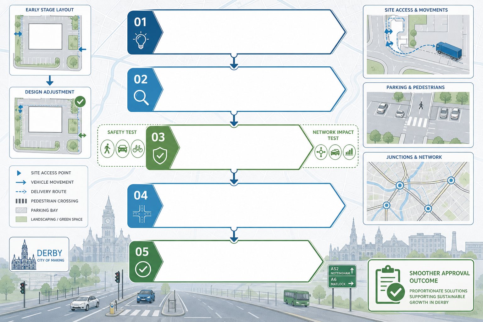 infographic of a traffic engineer guiding Derby development through transport planning stages.