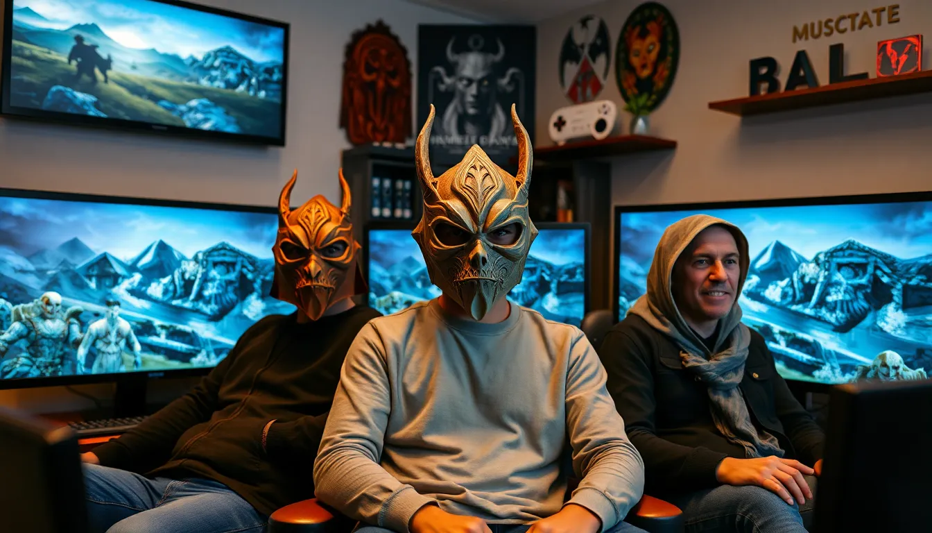 gamers wearing Skyrim-themed face masks in a modern gaming room.