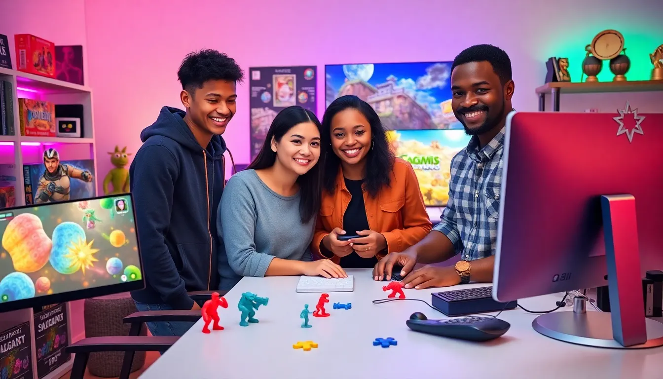 a diverse group enjoying games on a modern computer setup.