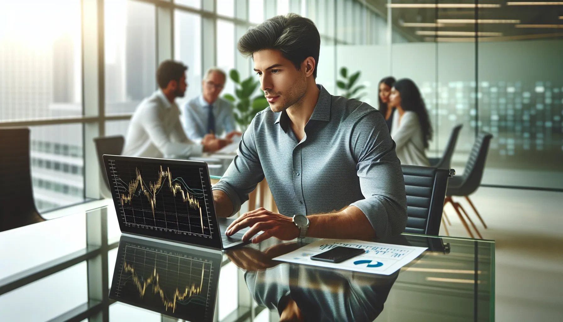 financial analyst reviewing rising gold prices in a modern office.