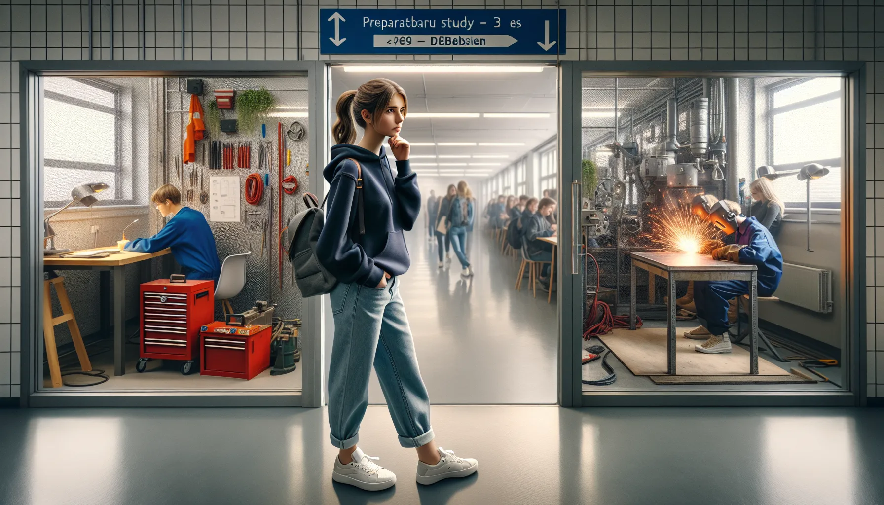 Norwegian student stands between a vocational workshop and an academic classroom.