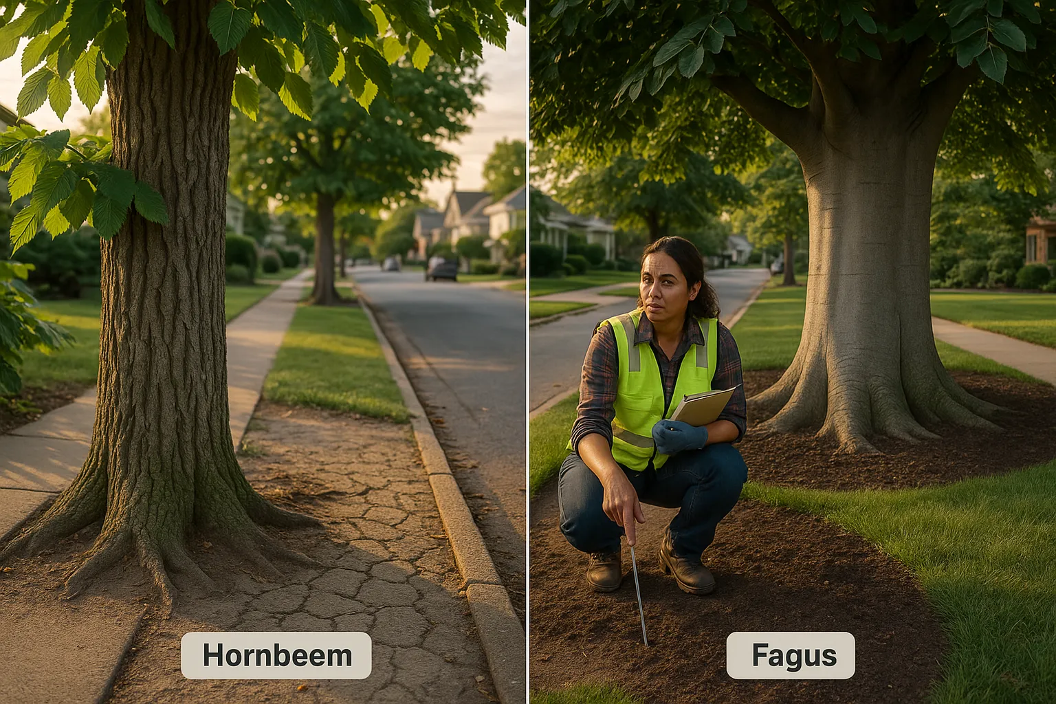 Hornbeam and beech trees side-by-side with an arborist comparing them.