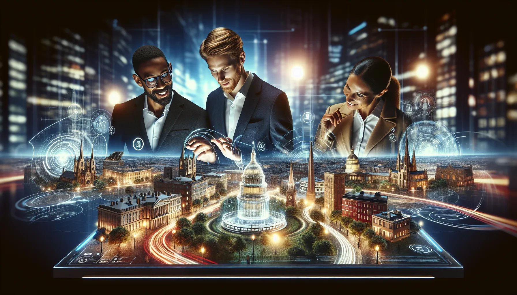 diverse team exploring a historic site using a tablet.