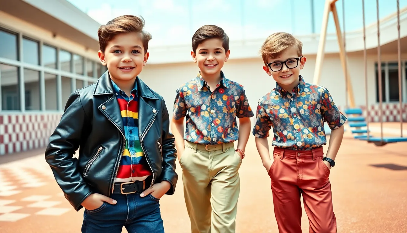boys in 1950s fashion playing on a vibrant playground.