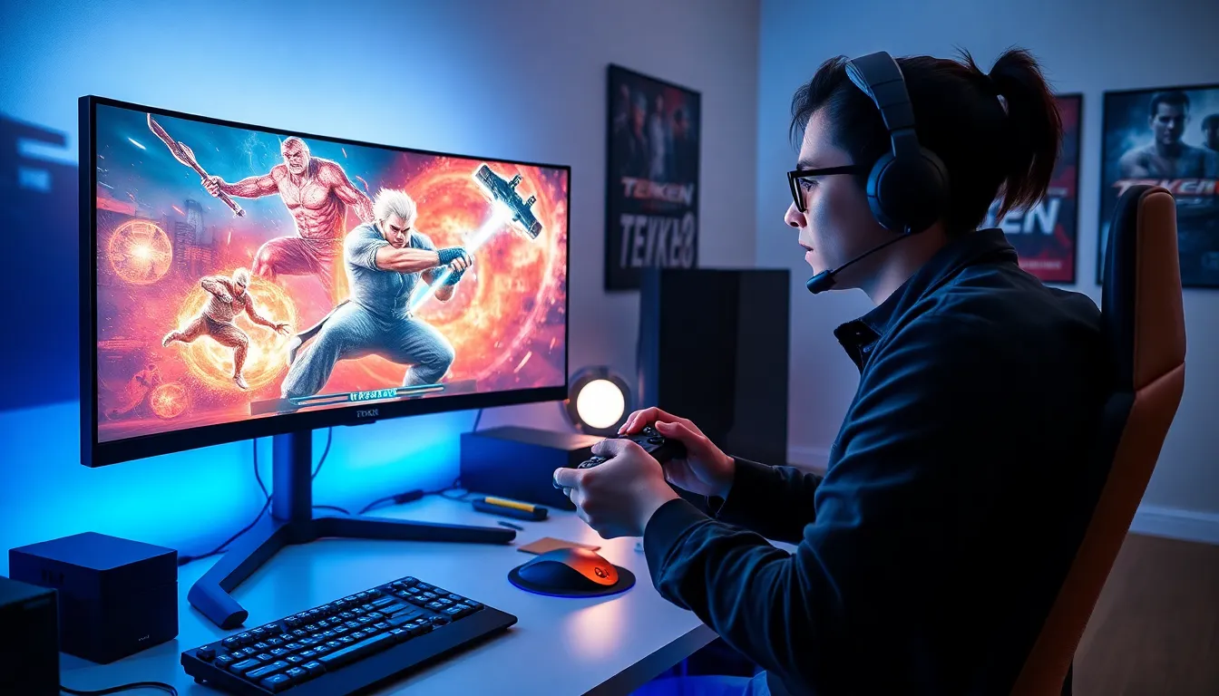 professional gamer playing Tekken 8 in a modern gaming setup.