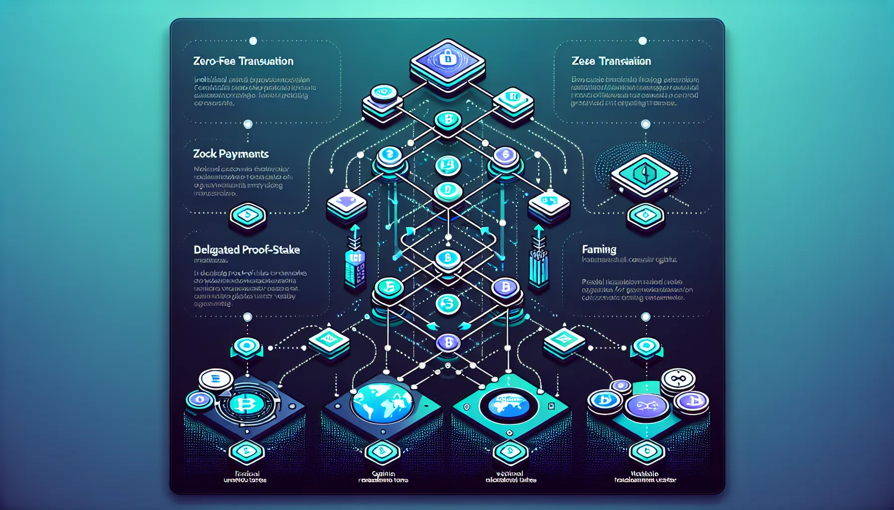 Diagram showing Nano's block-lattice structure, consensus mechanism, and everyday payment use cases