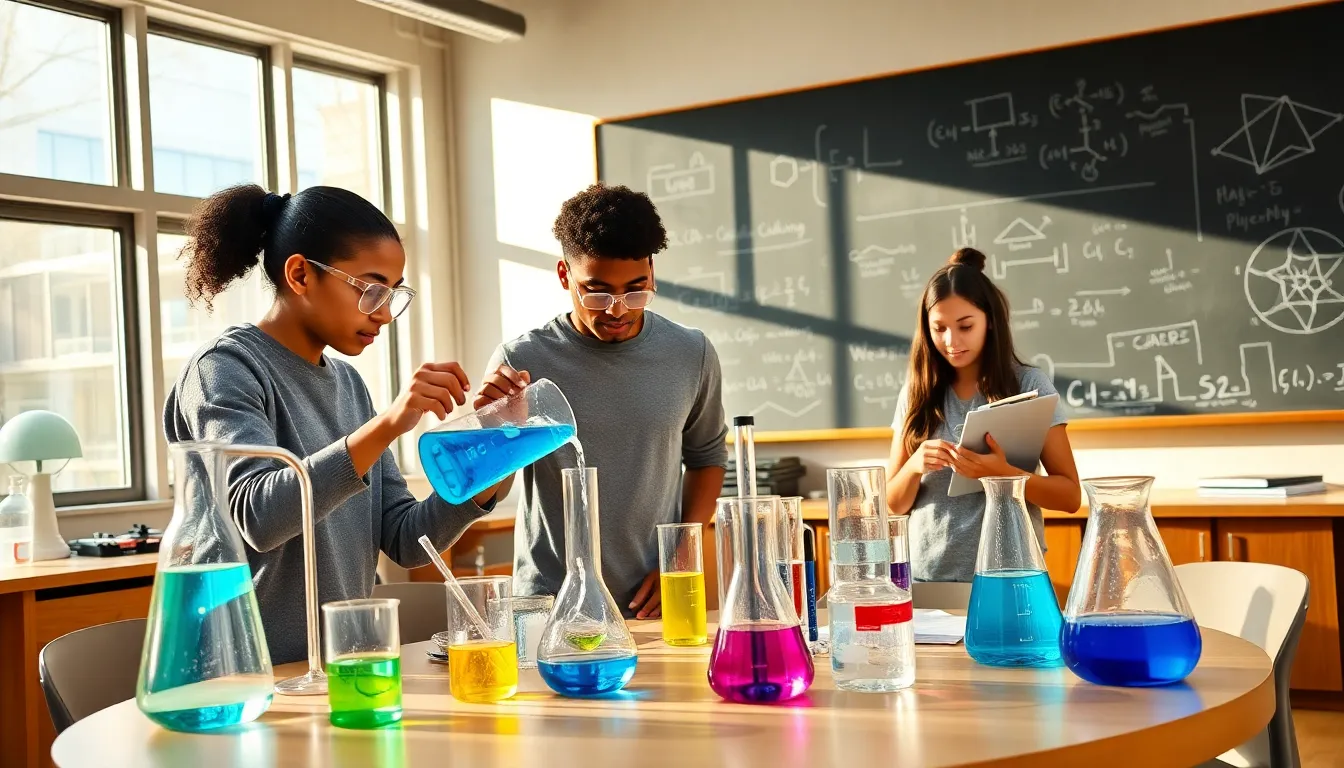 students conducting a science experiment in a modern classroom.