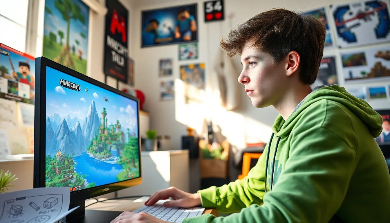 a teenager playing Minecraft in a colorful, gaming-themed room.
