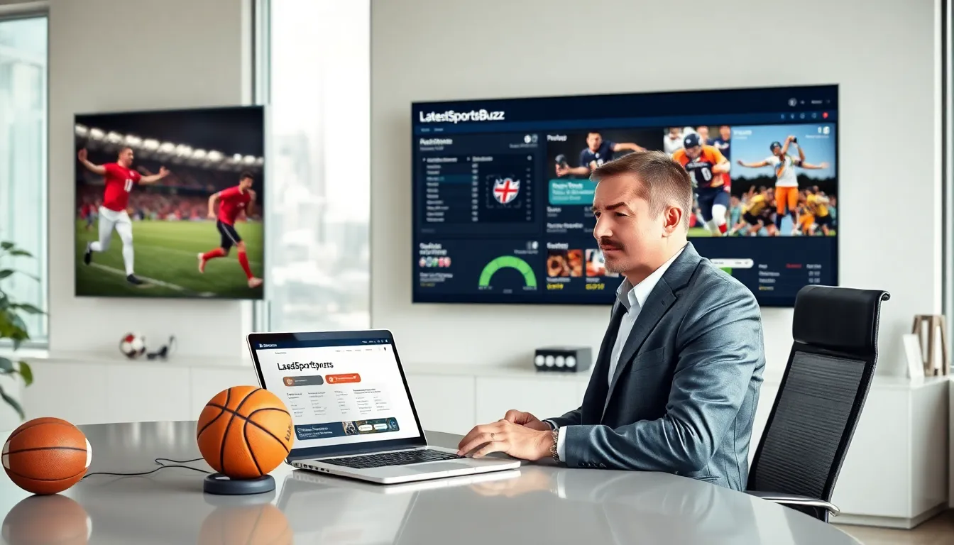 sports journalist David Jones working on LatestSportsBuzz in a modern office.