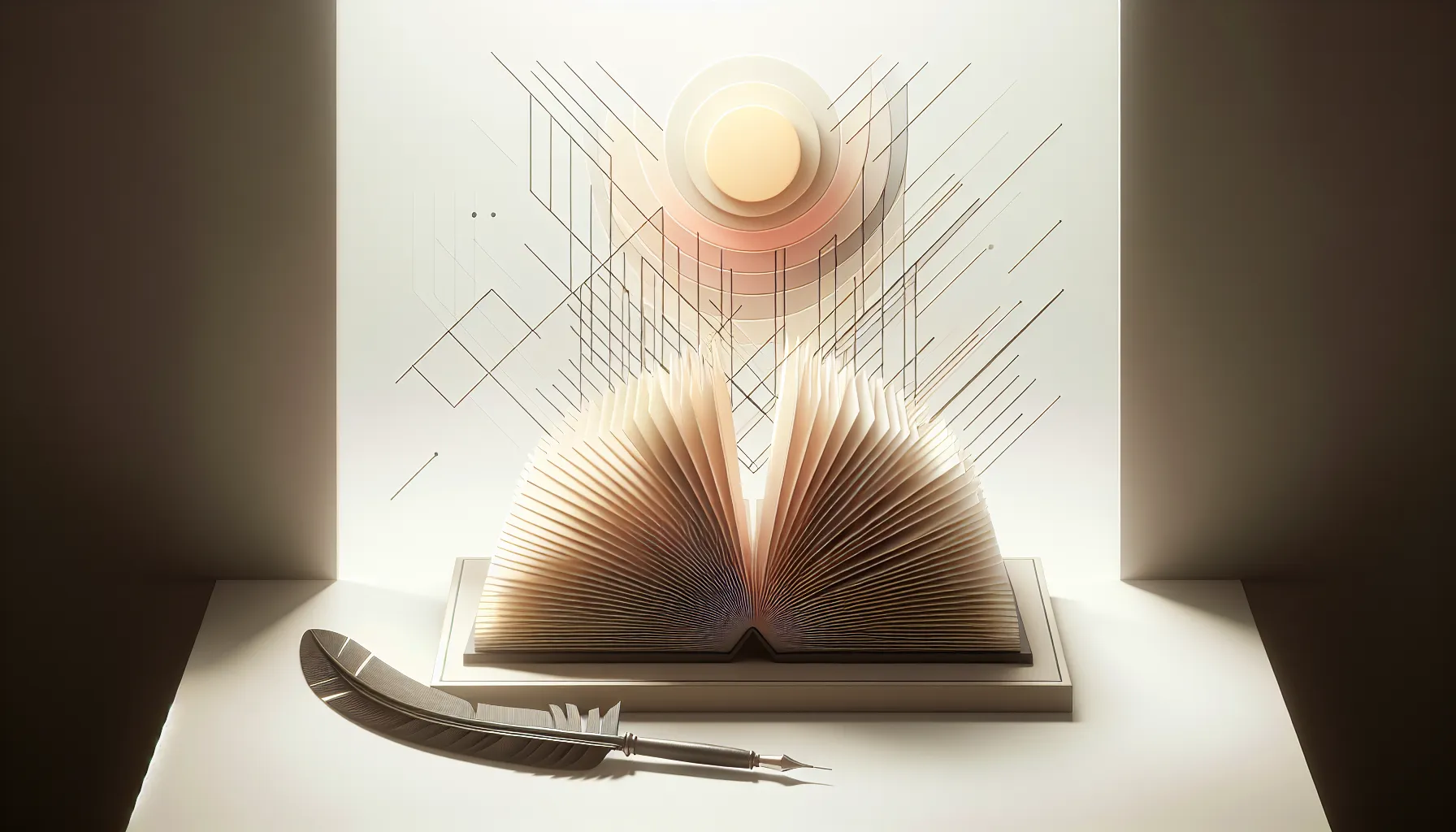 An open book with floating pages illuminated by soft light