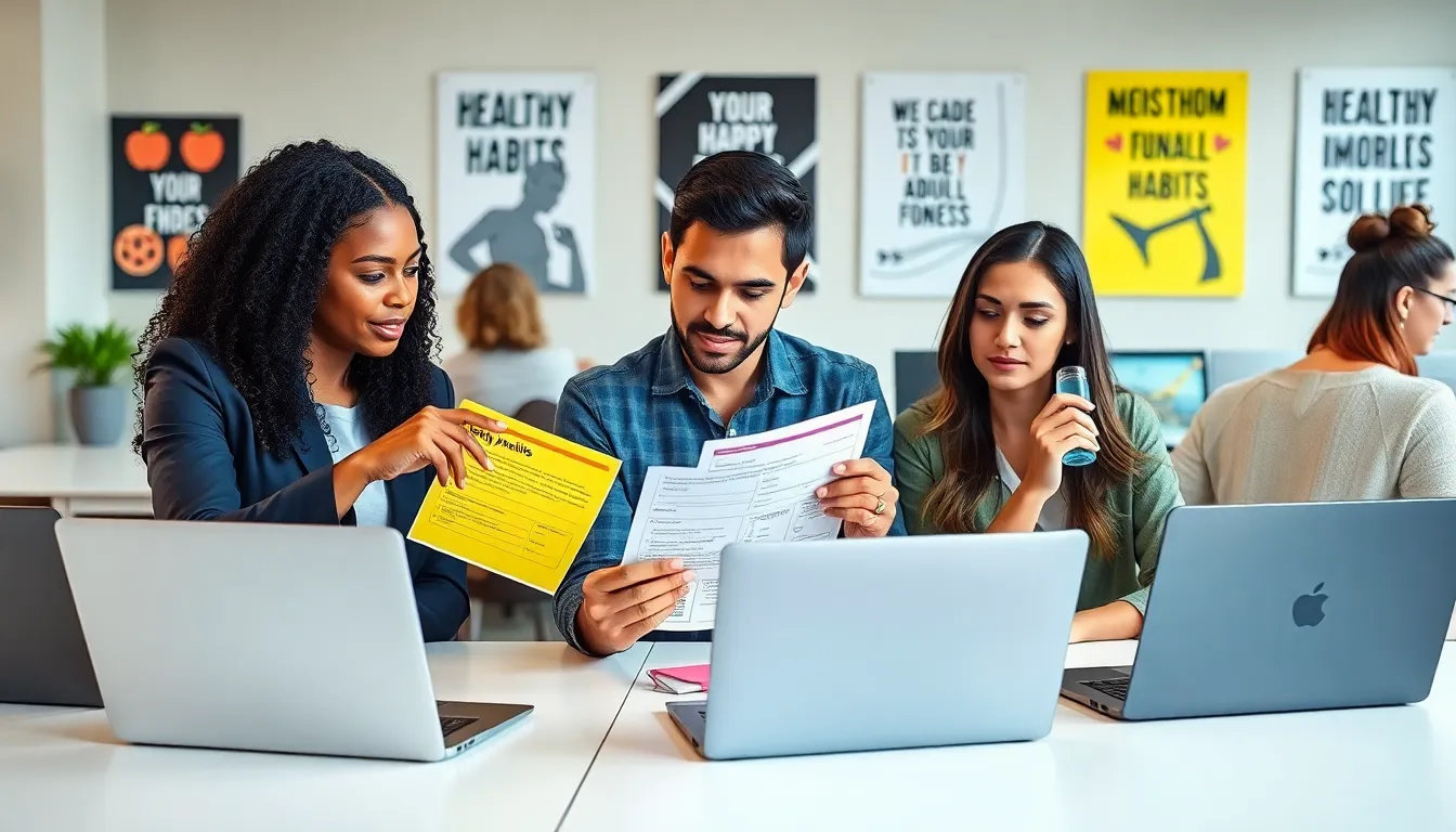 diverse team reviewing healthy habits worksheets in a modern office.