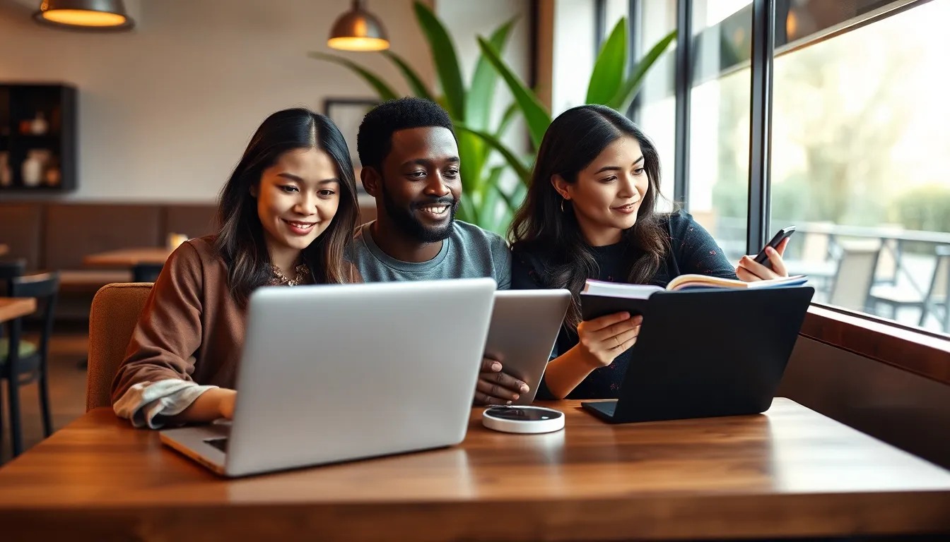 three digital nomads working in a modern caf&eacute;.