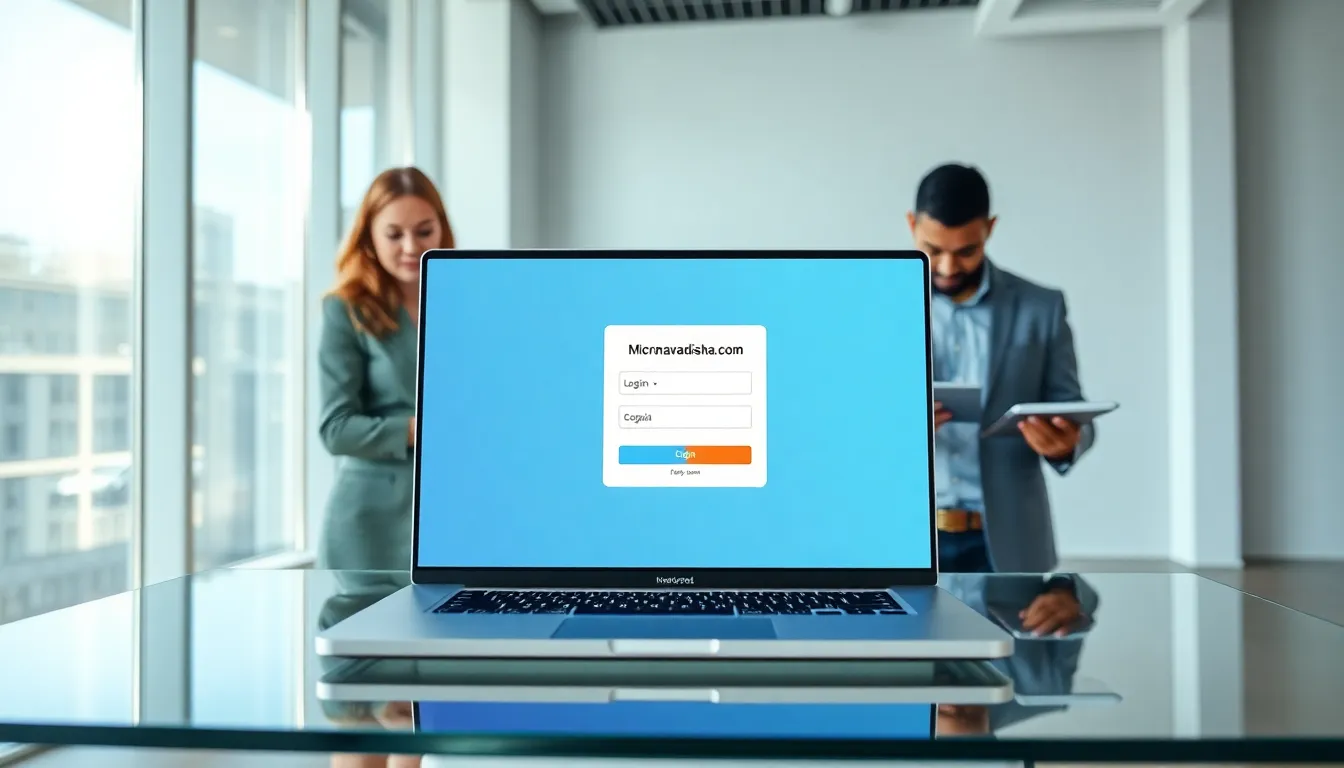 Login screen for Micronavadisha.com in a modern office with professionals collaborating.
