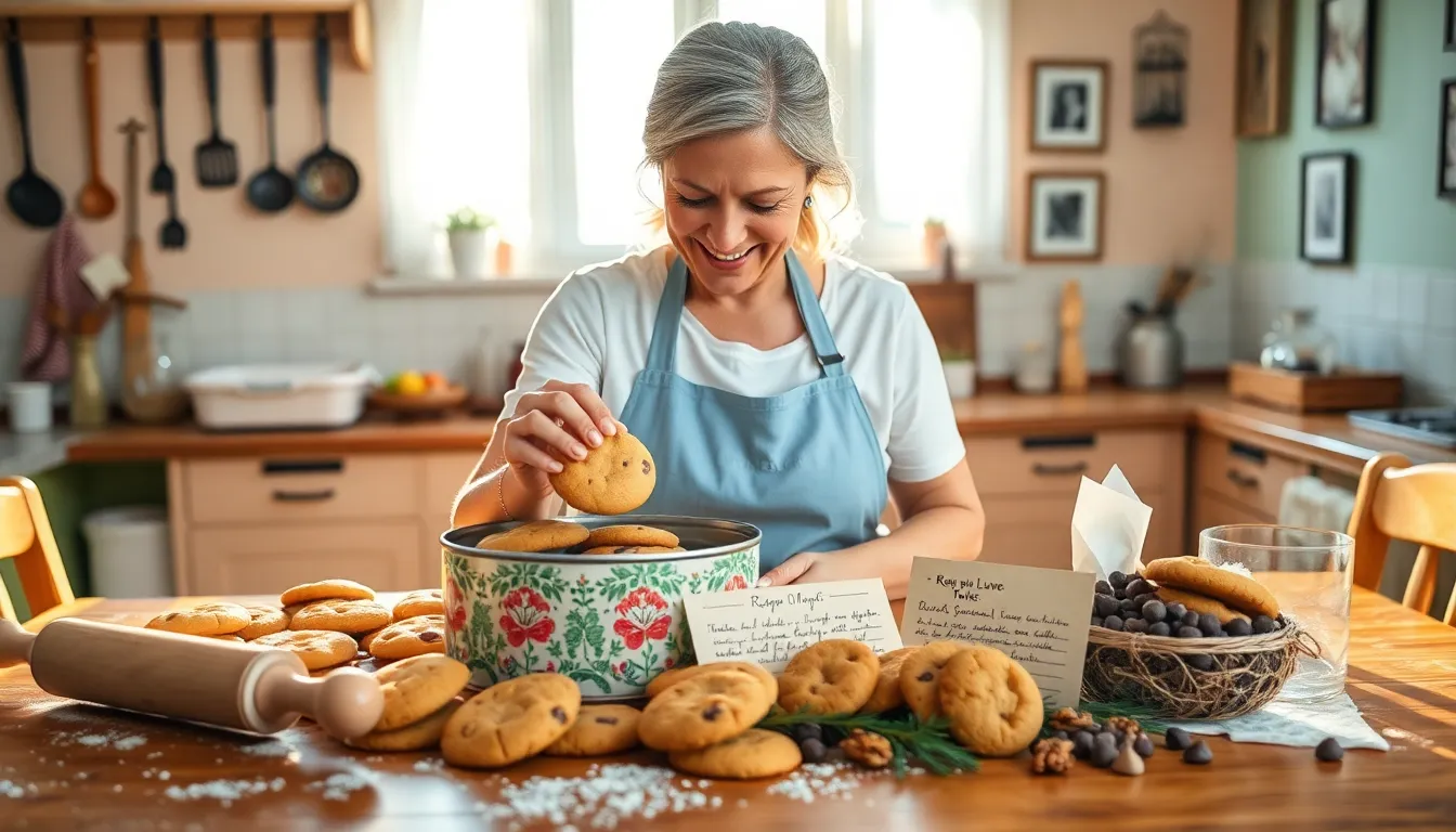 a woman happily inspecting freshly baked cookies in a sunny kitchen.