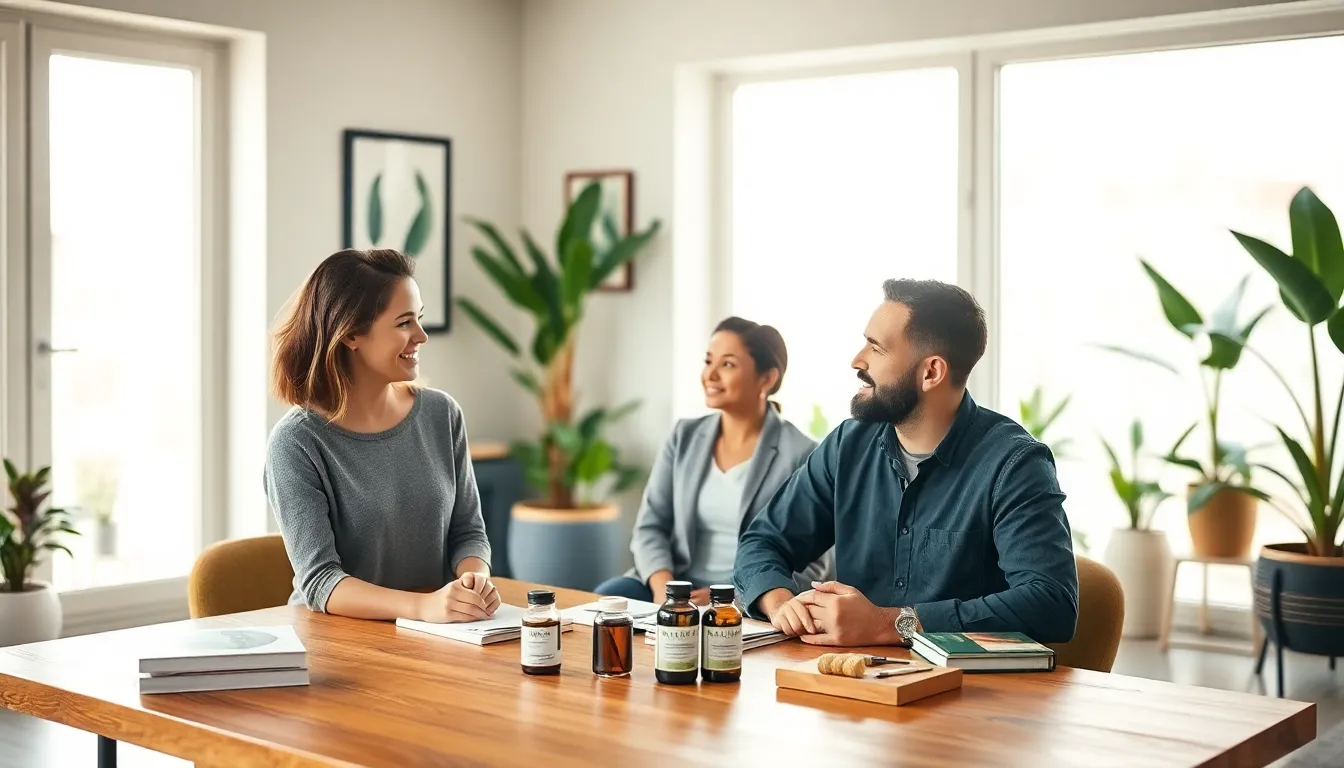 diverse wellness professionals discussing holistic health in a modern space.