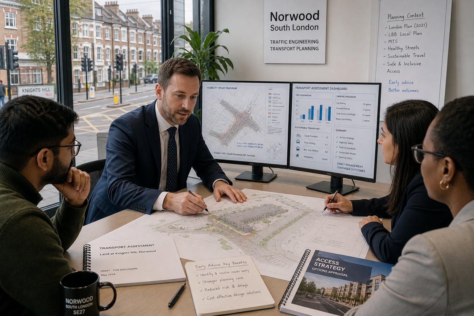 Traffic engineer reviewing local access and planning drawings in a modern office.