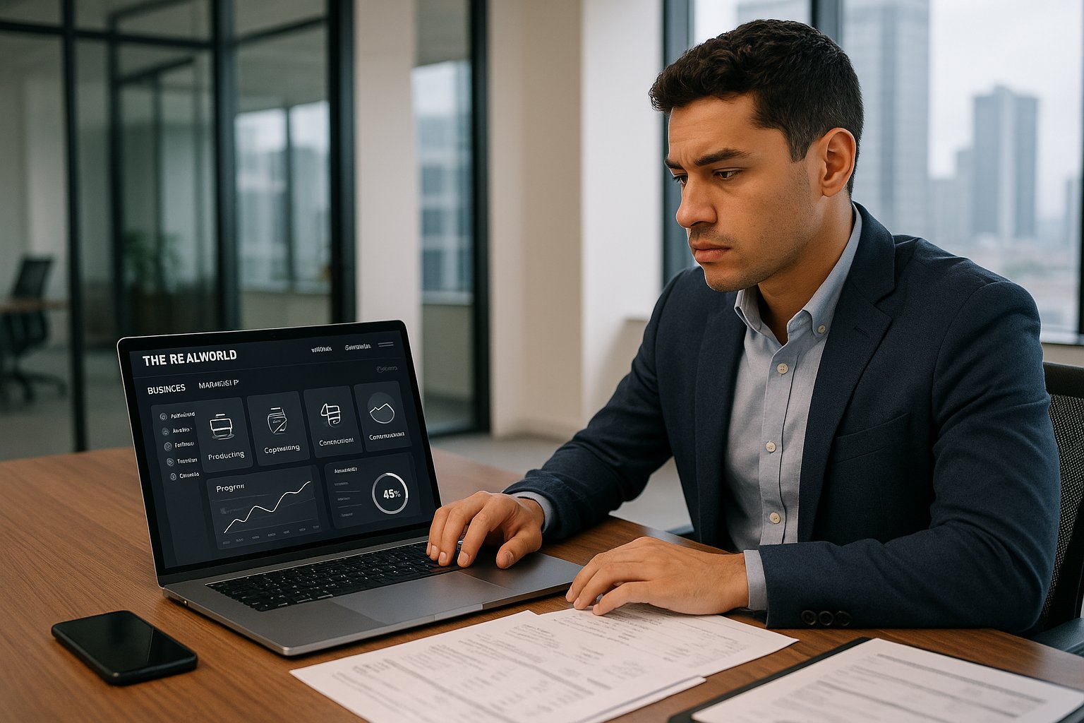 Professional reviewing an online business platform on a laptop in modern office.