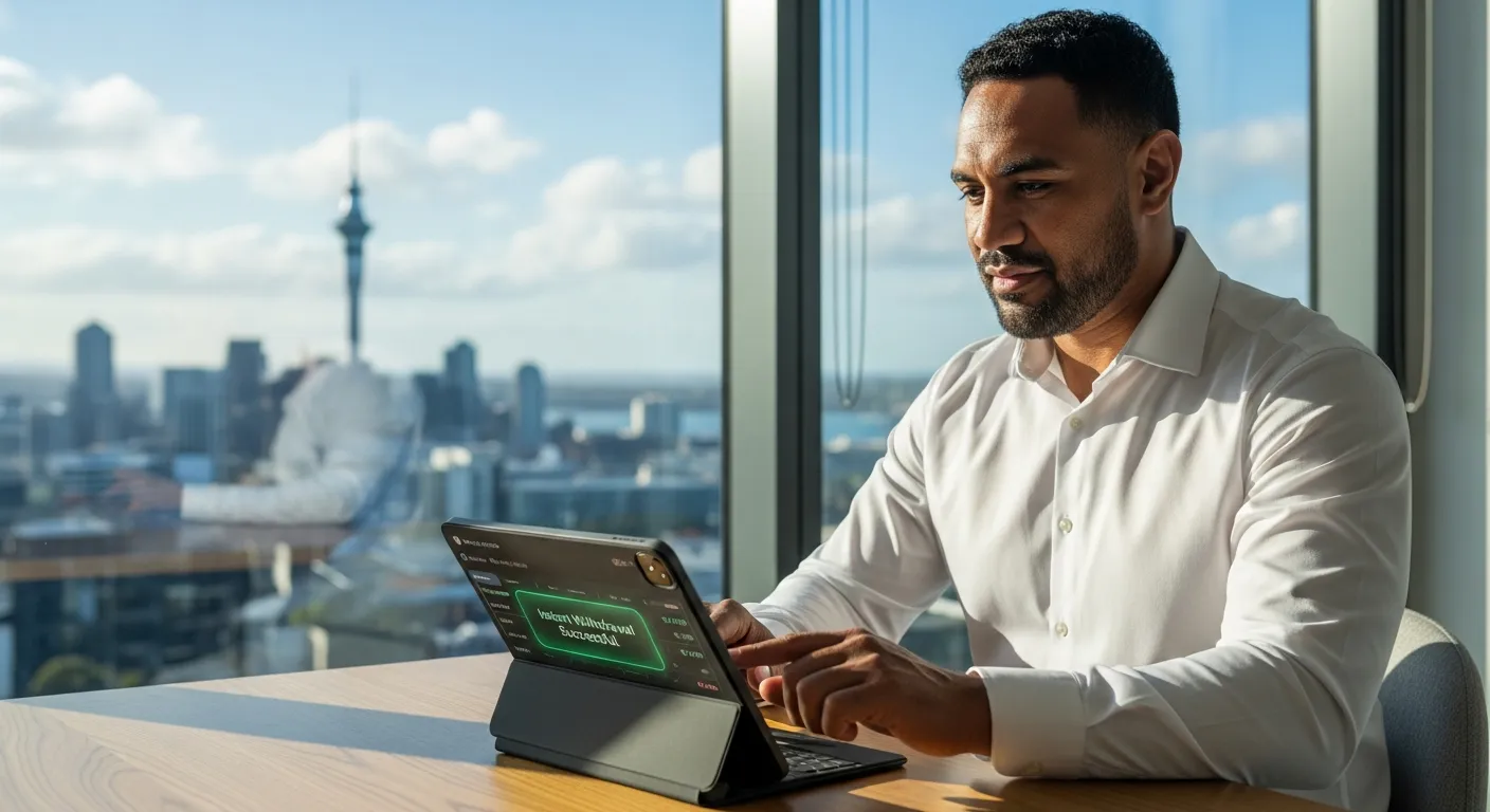 A man checking an instant withdrawal notification on a tablet in a modern Auckland apartment.