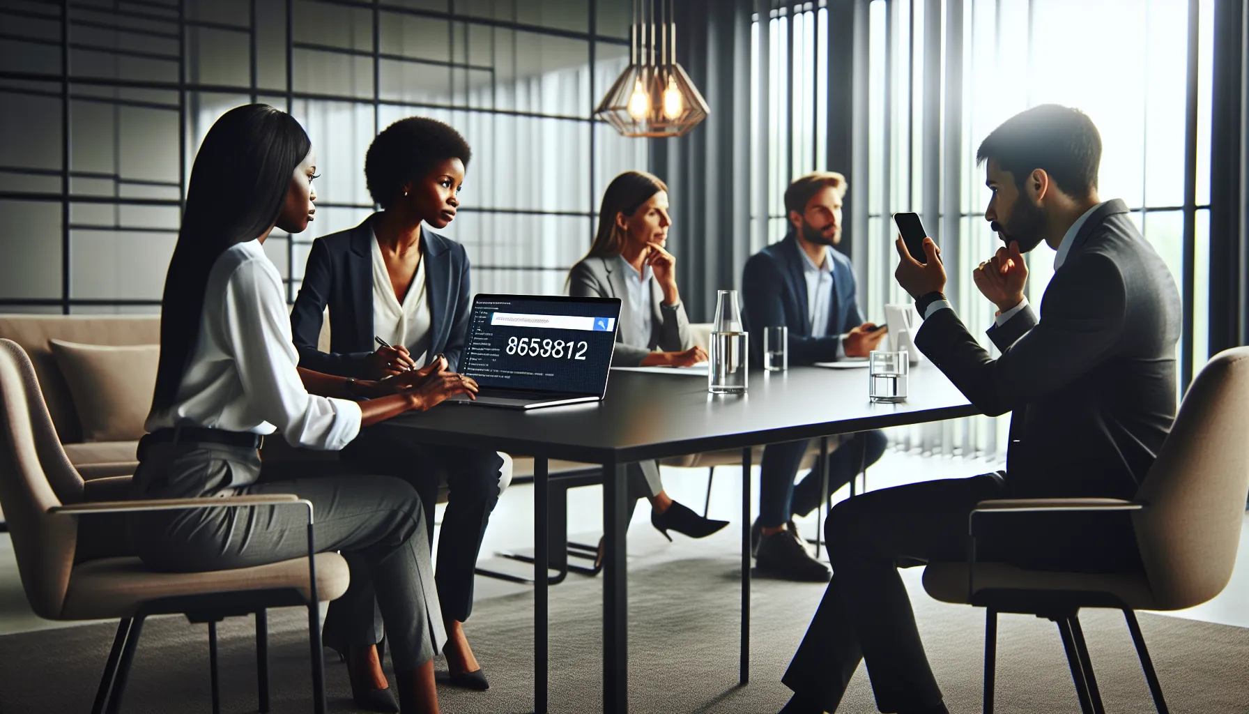 professionals discussing phone number verification in a modern office.