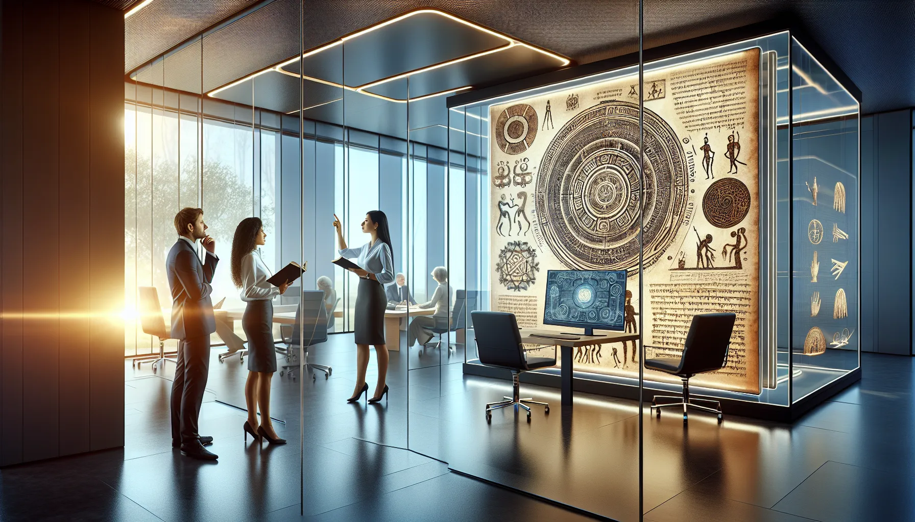 diverse professionals discussing the historical context of ашмук in a modern office.