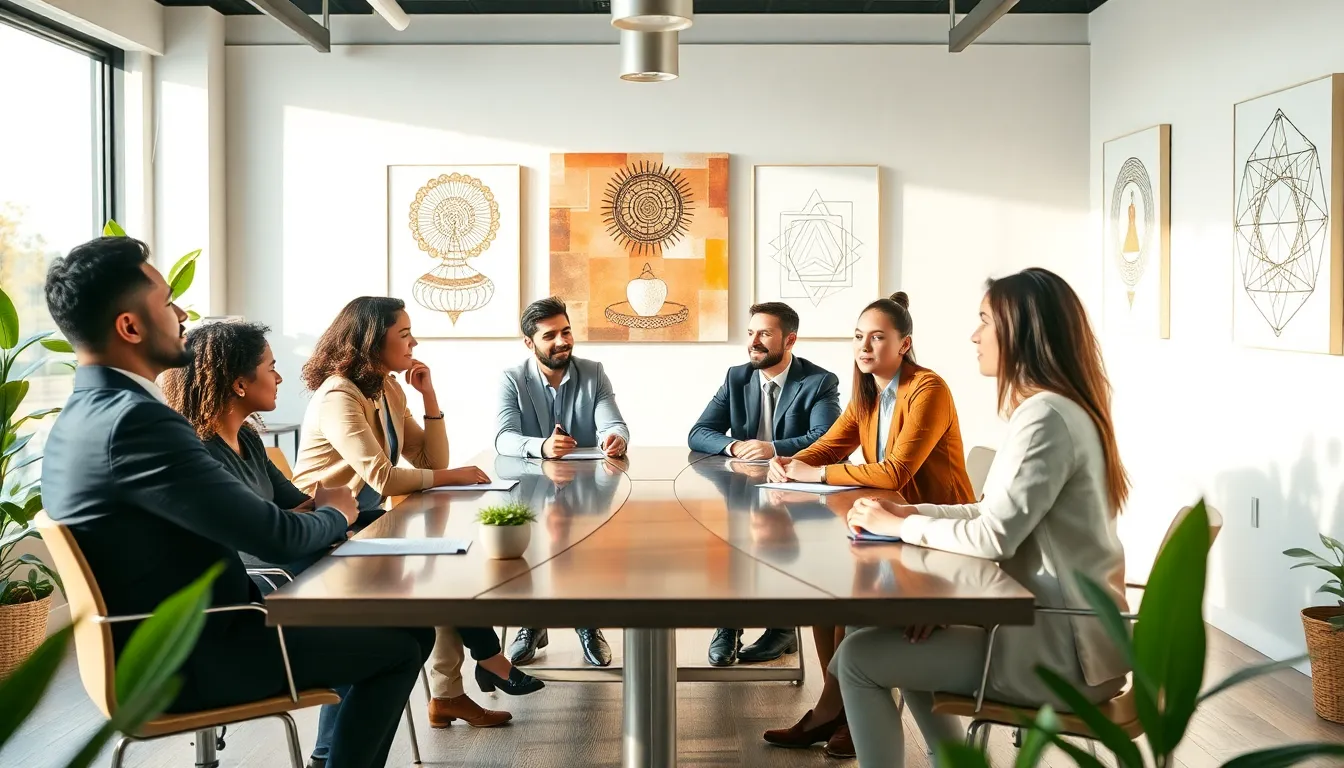 diverse professionals discussing philosophy in a modern workspace.
