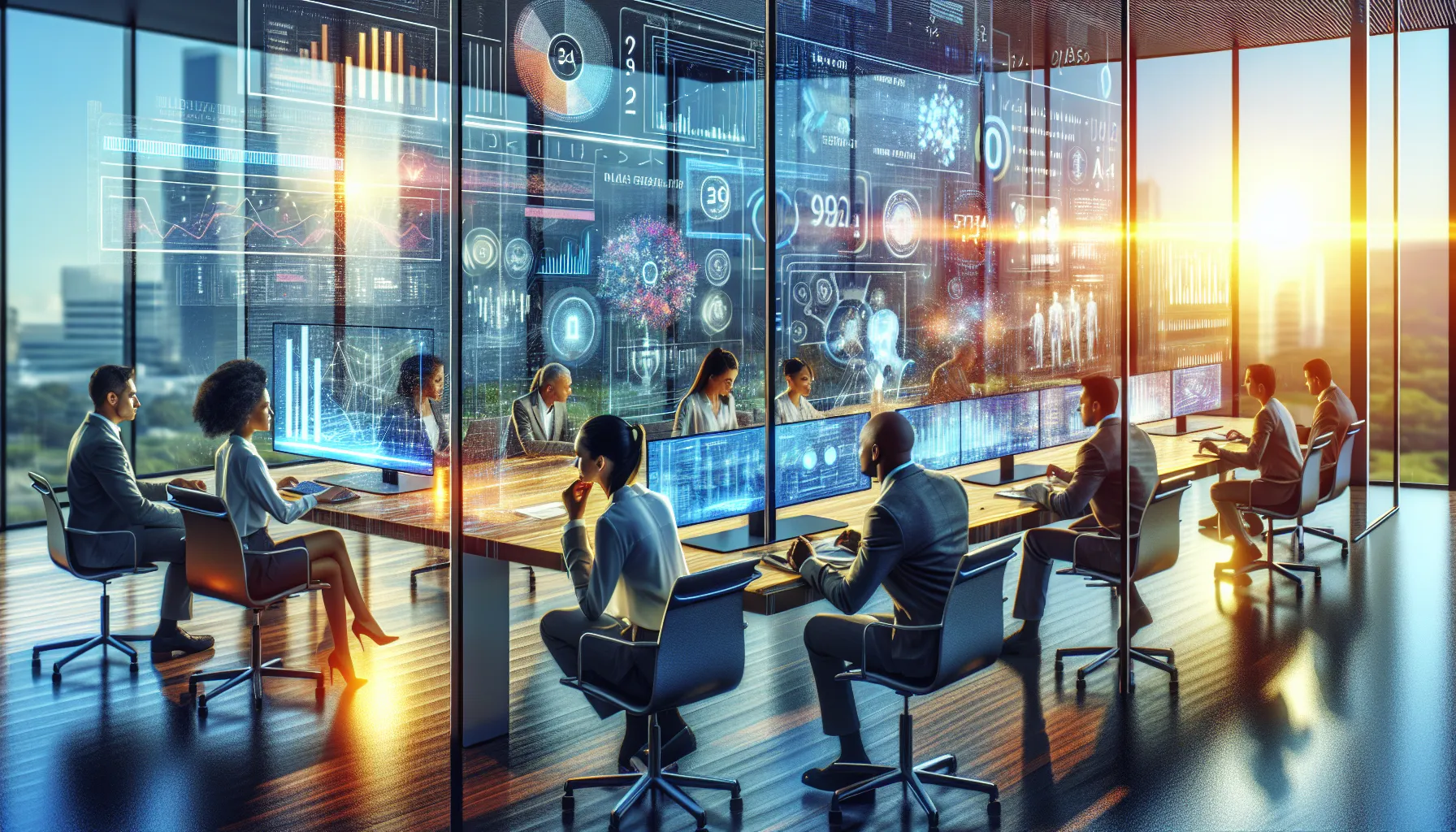 diverse professionals collaborating on data analysis in a modern workspace.