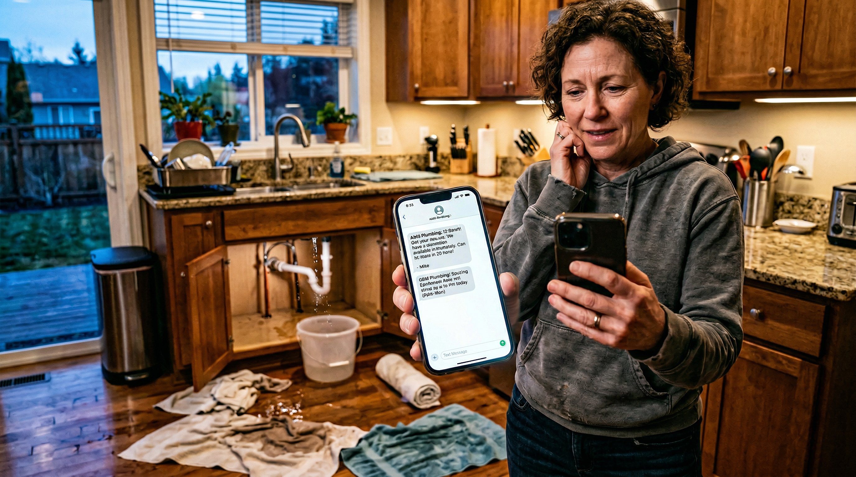 homeowner with burst pipe receiving fast contractor response on smartphone