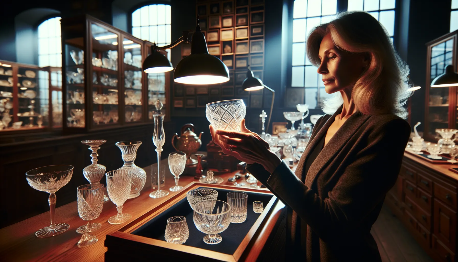 a woman inspecting crystal and glass for manufacturer marks at a collectibles fair.