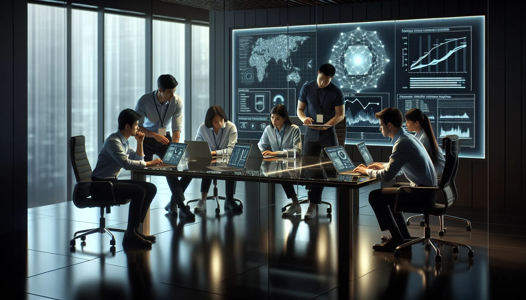 diverse IT team troubleshooting network issues in a modern office.