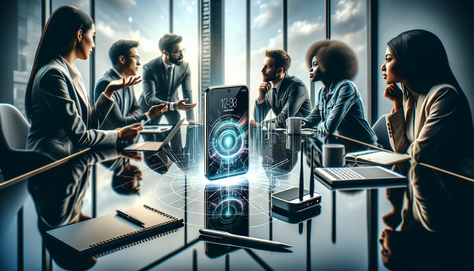 business professionals discussing the Valan Slap845 in a modern office.