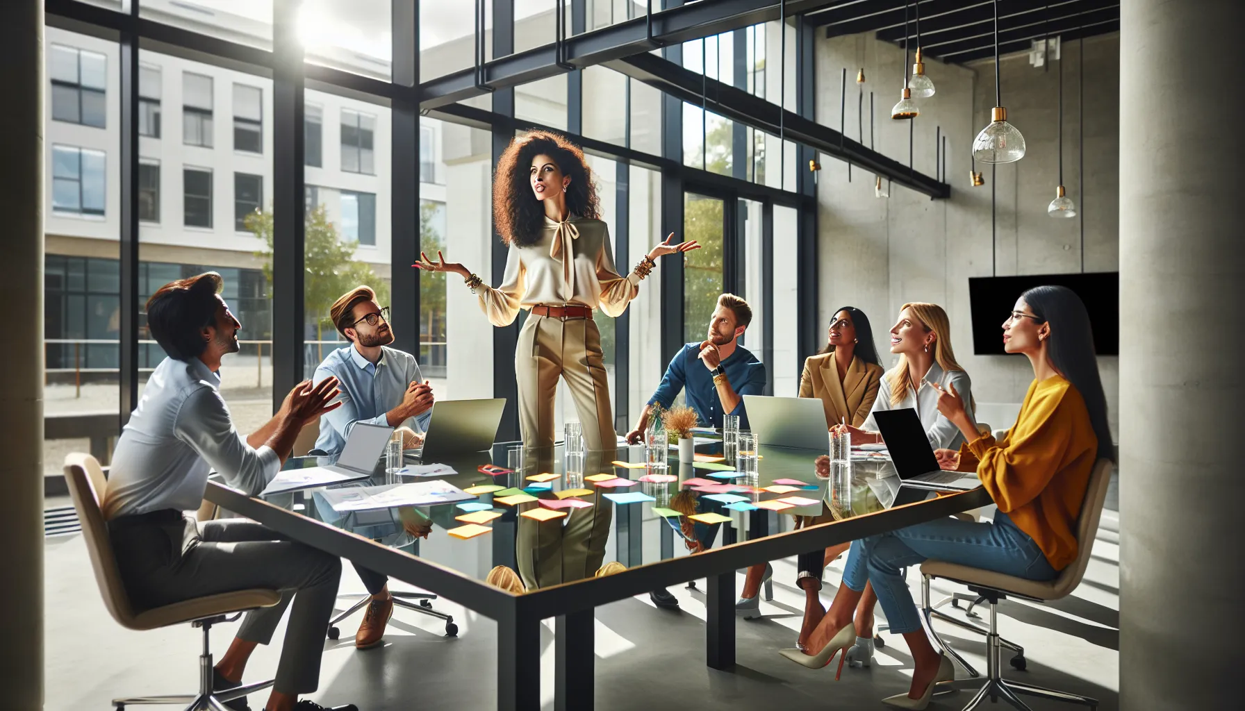 Denisse Frego leading a creative brainstorming session in a modern office.
