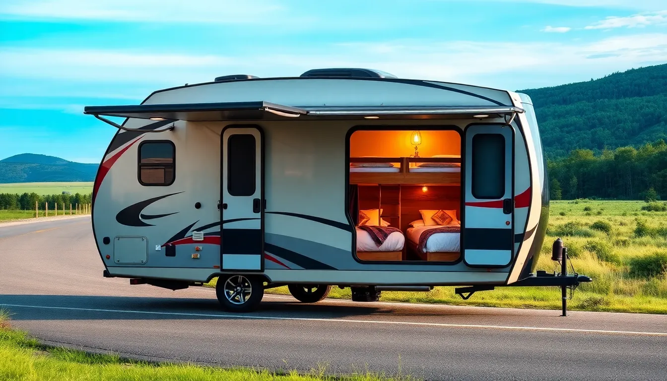 modern travel trailer with a bunkhouse against a scenic backdrop.