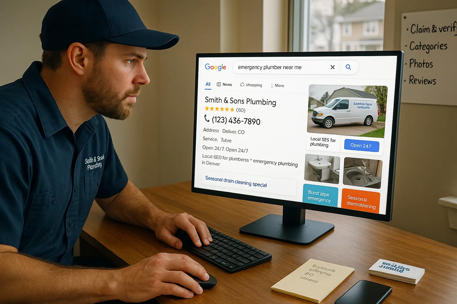 Plumber in office optimizing his Google Business Profile on a computer screen.