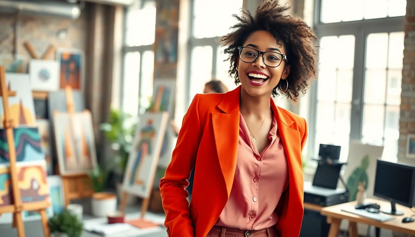 A dynamic young woman showcasing creativity in a modern studio.