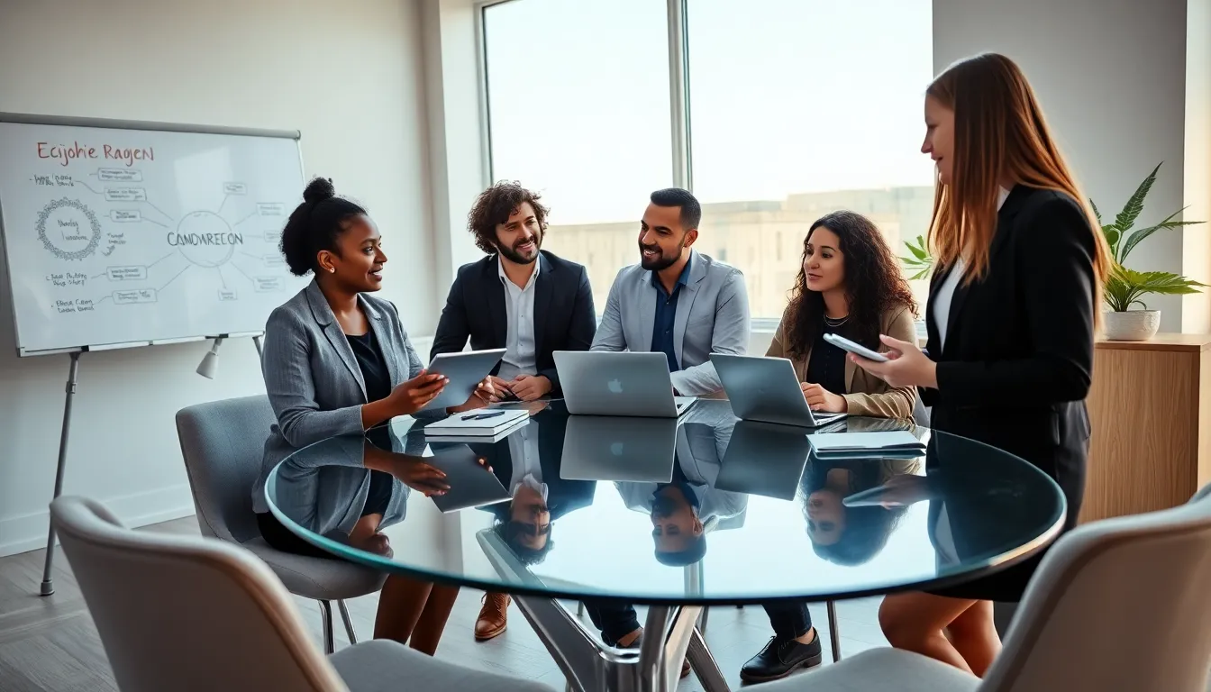 diverse team brainstorming in a modern office setting.