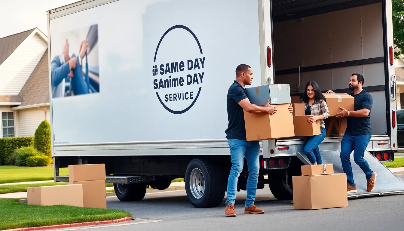 diverse moving team loading furniture into a truck on move day.