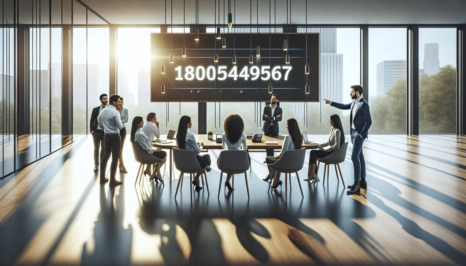 diverse team discussing toll-free number in a modern office.