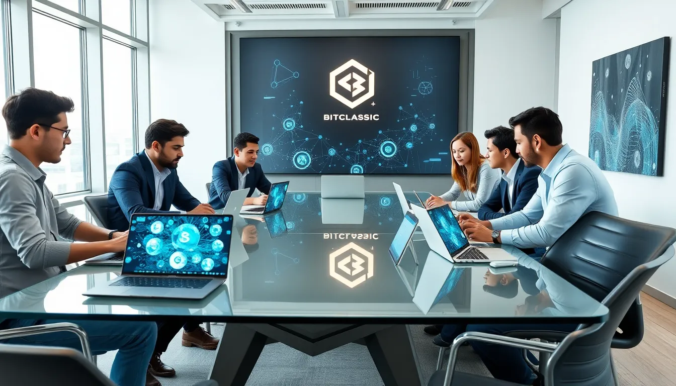 diverse developers collaborating on blockchain technology in a modern office.