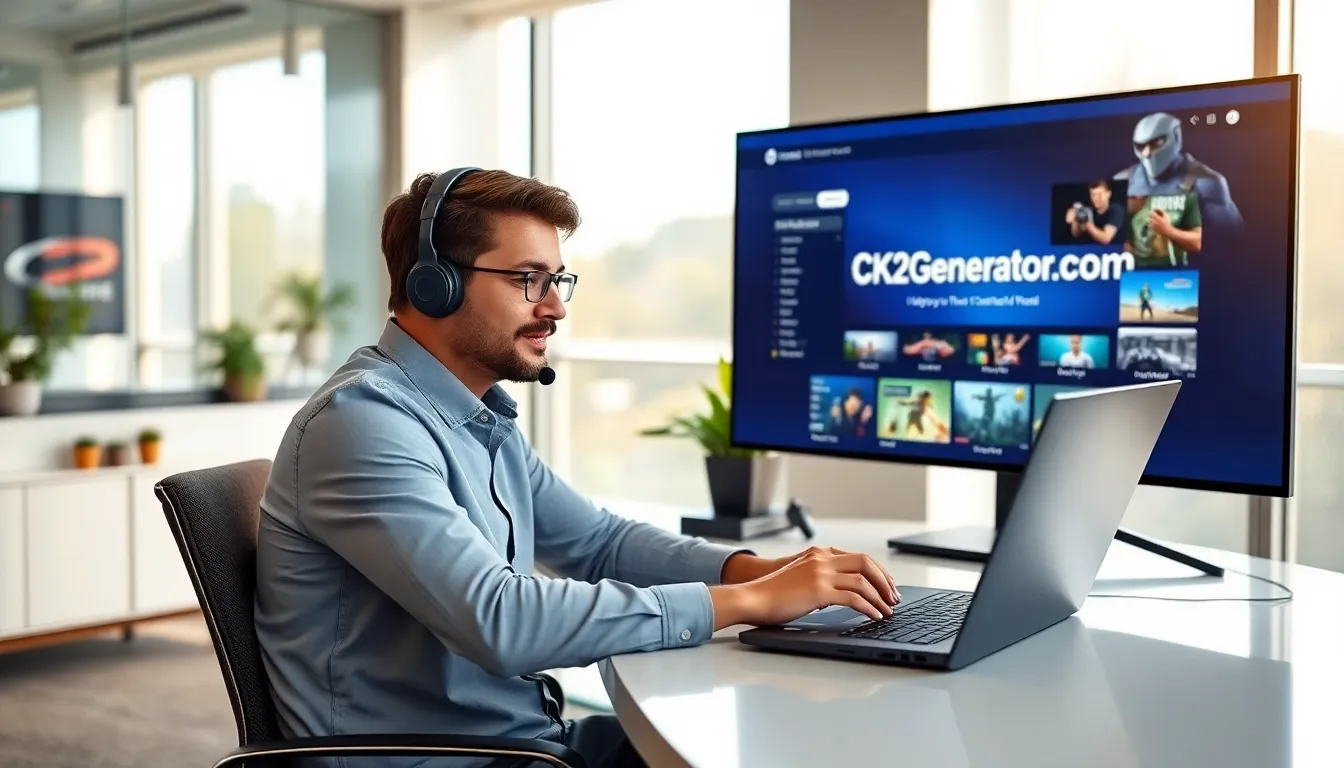 a professional assisting a gamer at a modern desk.