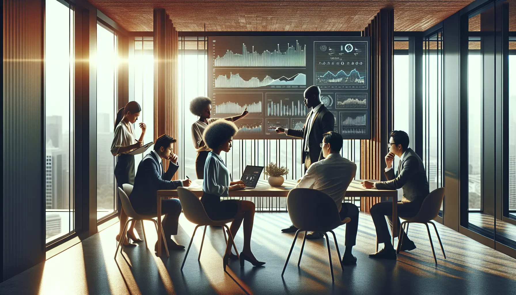 Diverse financial advisors discussing strategies in a modern office.