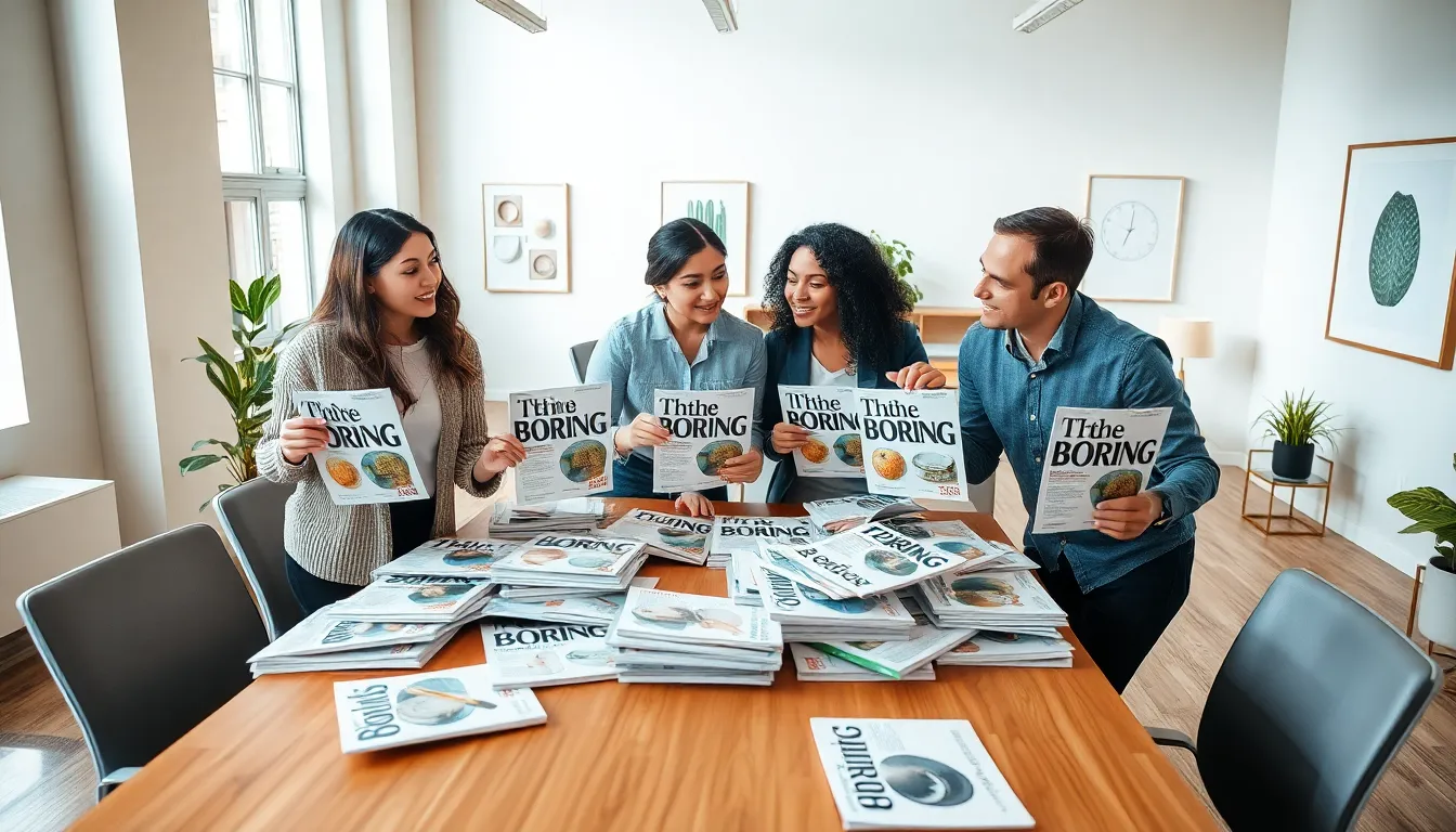 diverse group discussing articles from The Boring Magazine in a modern office.