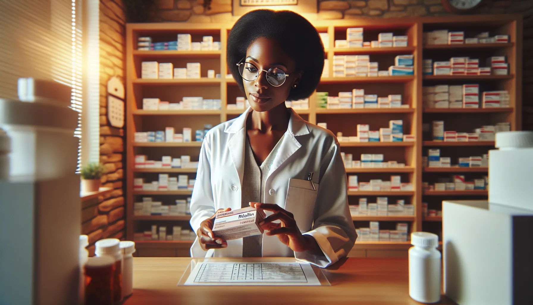 A pharmacist reviewing a box of Ritalin in a well-lit pharmacy.