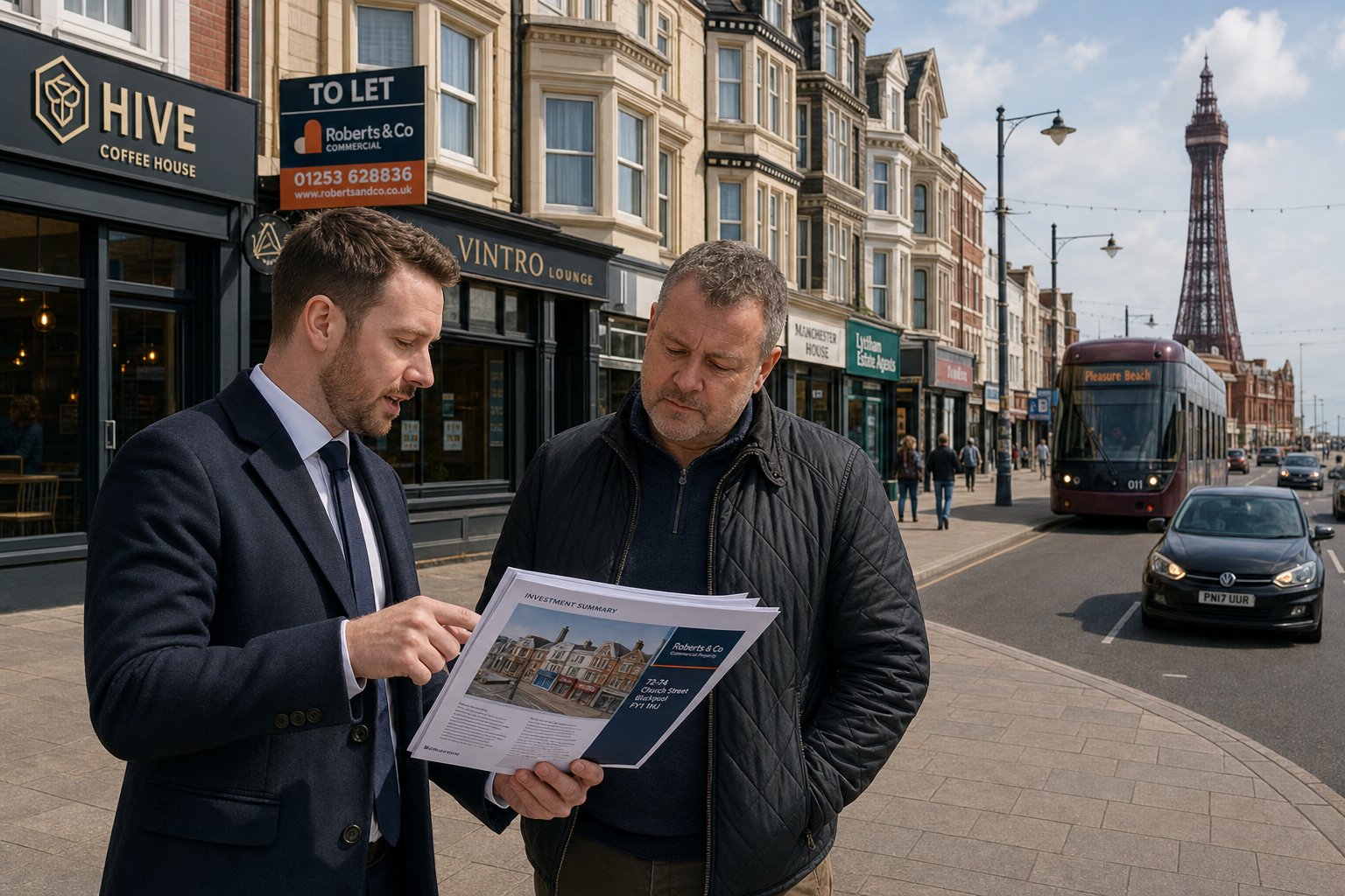 Commercial Mortgage Brokers Blackpool for Purchase and Refinance 5 Client and property professional reviewing documents on a Blackpool street with mixed-use commercial buildings nearby.