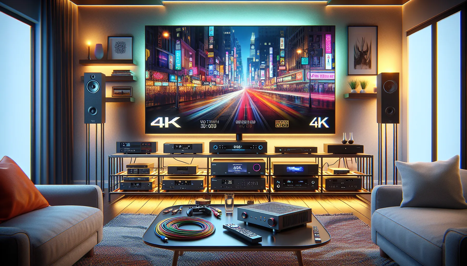 A modern home theater with a TV, AV receiver, and HDMI cables.
