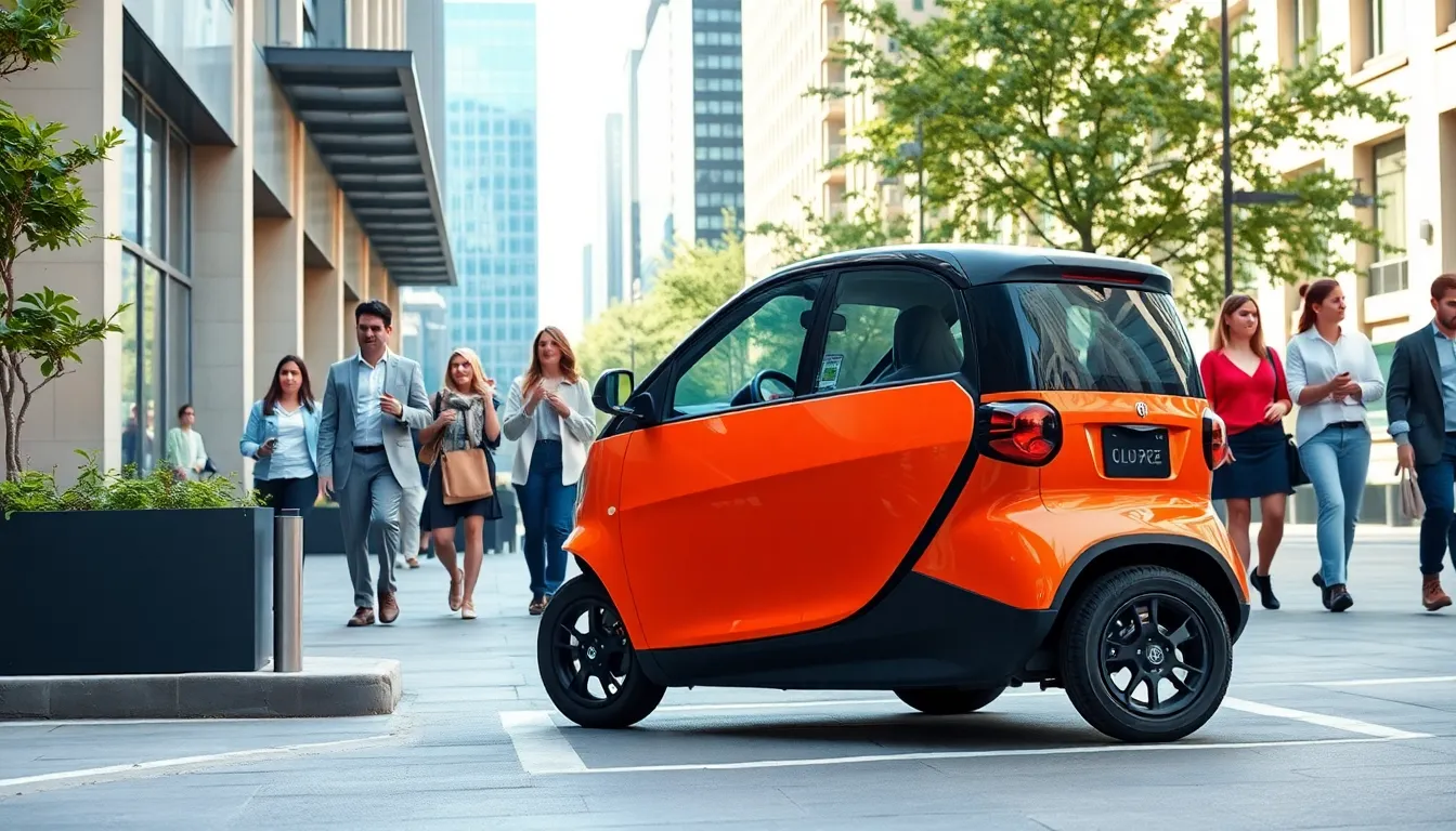 small electric vehicle parked in a busy urban area.