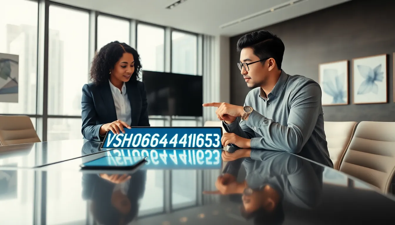 professionals discussing technology in a modern meeting room.