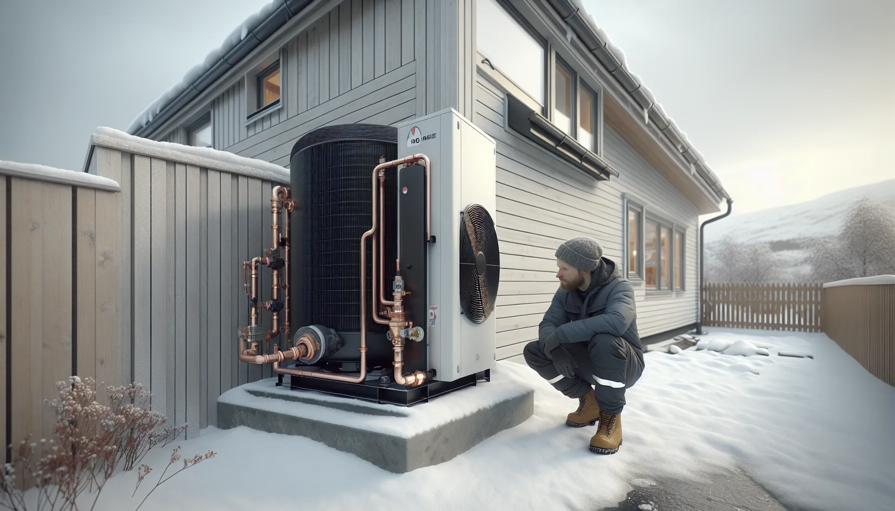 Technician inspecting an exposed heat pump compressor outside a norwegian home in winter.