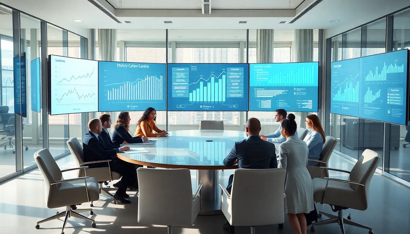 diverse professionals analyzing data in a bright office setting.